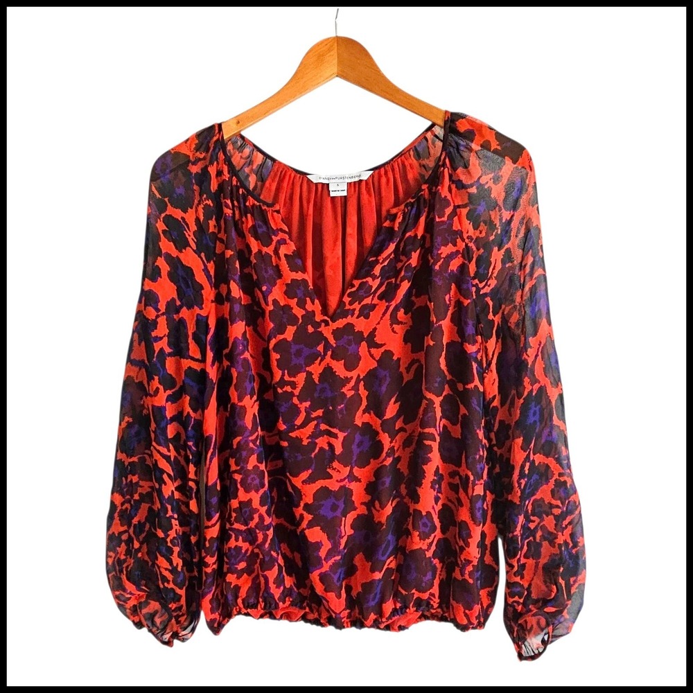 Diane von Furstenberg Blouse Sheer Long Sleeve V Neck‎ Top Red Purple S Hathaway
